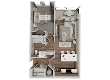 A 3D floor plan of a house showing a bedroom and a living room.