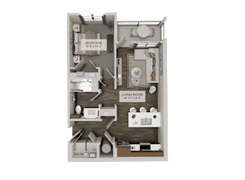 A 3D floor plan of a small apartment with a living room, bedroom, and kitchen.