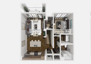 A diagram of a small apartment with a living room, kitchen, and two bedrooms.
