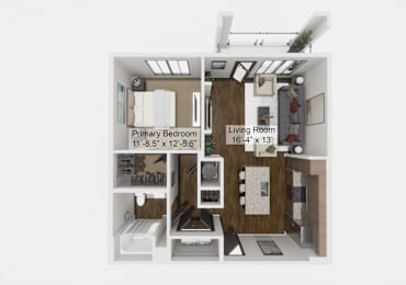 A diagram of a small apartment with a living room and a primary bedroom.