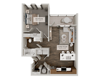 A 3D floor plan of a bedroom and living room.