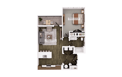 3D floor plan with primary bedroom and open living dining area at The Logan Luxury Apartments, Nampa, ID