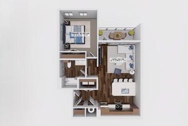 One bedroom 3D floor plan with living and dining areas at The Maverick Luxury Apartments, Monument, CO