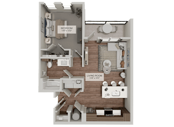 A 3D floor plan of a small apartment with a bedroom and living room.