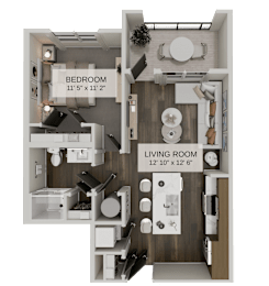 One bedroom floor plan with separate dining space at The Residences at The Gilmore Apartments, Gilbert, Arizona