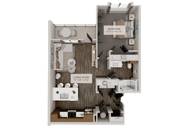 A diagram of a small apartment with a bedroom and living room.