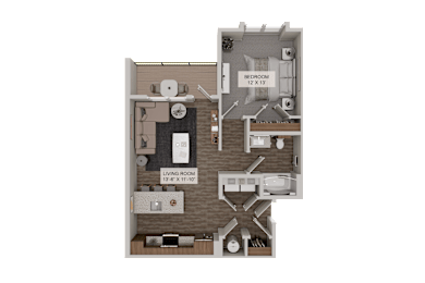 A 3D floor plan of a small apartment with a living room, kitchen, and bedroom.