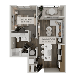 One bedroom floor plan with open kitchen and living room at The Residences at The Gilmore Apartments, Gilbert