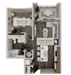 3D floor plan featuring island kitchen and breakfast nook at The Residences at The Gilmore Apartments, Arizona