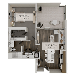 Studio floor plan with separate bedroom and open living space at The Residences at The Gilmore Apartments, Gilbert, AZ