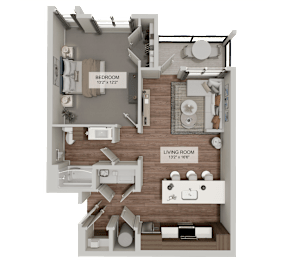 A 3D floor plan of a small apartment with a bedroom and living room.