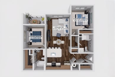 Two bedroom two bath 3D floor plan layout at The Maverick Luxury Apartments, Monument, Colorado