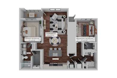 A diagram of a house layout with a living room, kitchen, and two bedrooms.at Rockledge Apartments, Florida