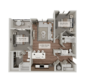 A 3D floor plan of a house showing a living room, two bedrooms, and a bathroom.