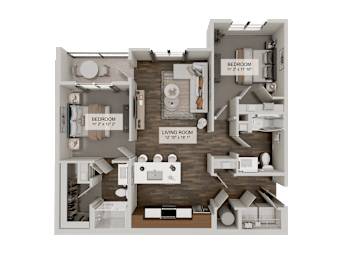 A 3D rendered image of a small apartment layout with a living room, kitchen, and bedroom.