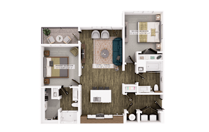 2D floor plan with two bedrooms and open layout at The Logan Luxury Apartments, Nampa, 83651