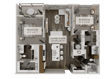 A detailed 3D floor plan of a two-bedroom apartment.
