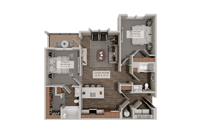 A 3D rendered image of a house layout with a living room, bedrooms, and a balcony.