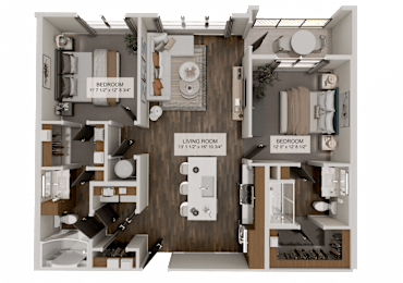 A detailed 3D floor plan of a two-bedroom apartment.