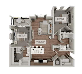 A 3D floor plan of a house showing a living room, two bedrooms, and a kitchen.