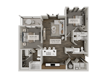 A 3D rendered image of a house layout with two bedrooms, a living room, and a kitchen.