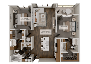 A detailed 3D floor plan of a two-bedroom apartment.