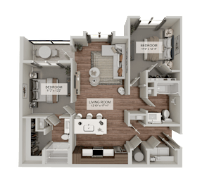 A 3D floor plan of a home showing a living room, dining room, kitchen, and two bedrooms.