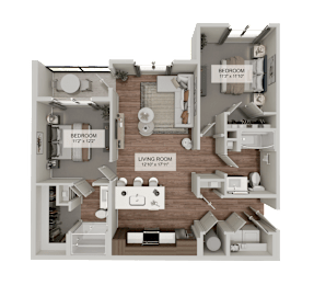 A 3D rendered image of a house layout with two bedrooms, a living room, and a kitchen.