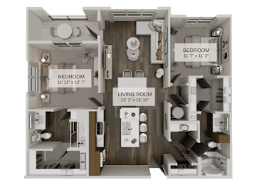 A 3D floor plan of a small apartment with a living room, two bedrooms, and a kitchen.