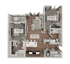 A 3D rendered image of a house layout with two bedrooms and a living room.
