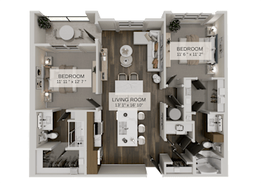 Two bedroom floor plan with dual bathrooms at The Residences at The Gilmore Apartments, Gilbert, 85297