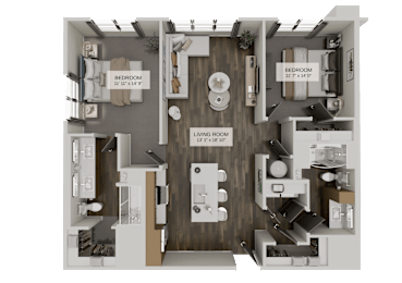 A detailed 3D floor plan of a two-bedroom apartment.