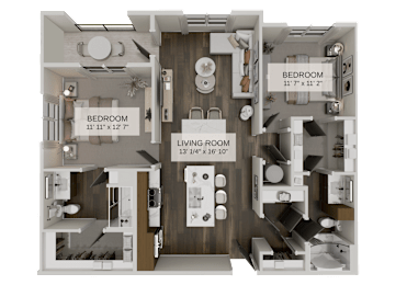 A 3D floor plan of a house showing two bedrooms and a living room.