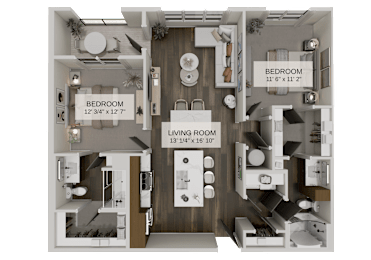 A floor plan of a living space with two bedrooms and a living room.