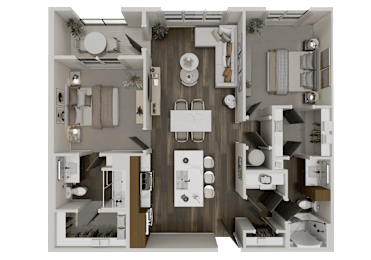 A detailed 3D floor plan of a modern apartment layout.