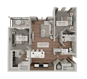A 3D diagram of a house layout with a living room, kitchen, and two bedrooms.