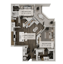 Two bedroom floor plan with balcony and dual bathrooms at The Residences at The Gilmore Apartments, Gilbert, Arizona