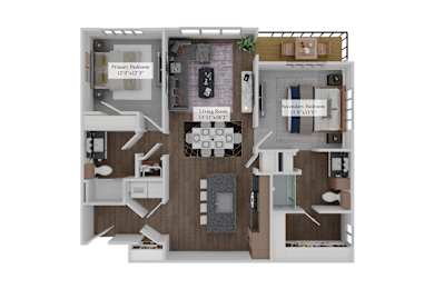 A 3D floor plan of a house with a living room, two bedrooms, and a kitchen.