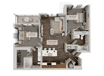 A 3D rendered image of a house layout with a living room, kitchen, and bedroom.