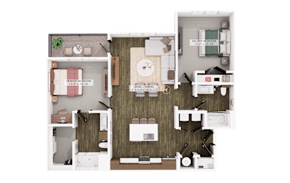 2D floor plan with two bedrooms and open living area at The Logan Luxury Apartments, Nampa