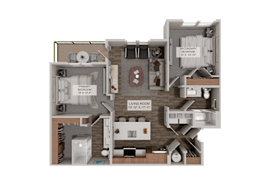 A 3D rendered image of a house layout with labeled rooms.