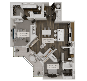 A 3D floor plan of a house with a living room, kitchen, and two bedrooms.  at The Junction at Rockledge Apartments, Florida