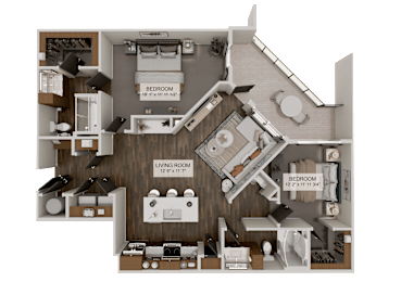 A 3D rendered image of a house layout with two bedrooms, a living room, and a kitchen.