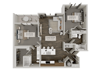 A 3D rendered image of a house layout with two bedrooms and a living room.
