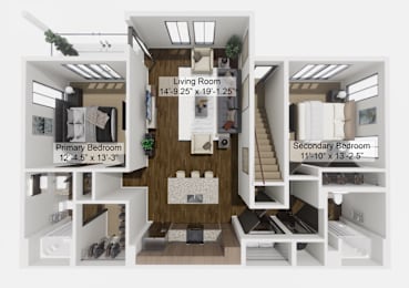 A diagram of a living space with a primary bedroom, a living room, and a secondary bedroom.