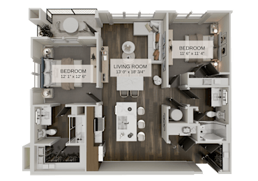 Two bedroom apartment layout with central living area at The Residences at The Gilmore Apartments, Gilbert