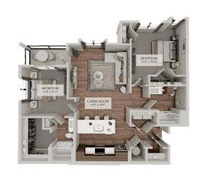 A 3D rendered image of a house layout with two bedrooms and a living room.