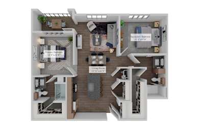 A 3D floor plan of a house with a living room, two bedrooms, and a kitchen.