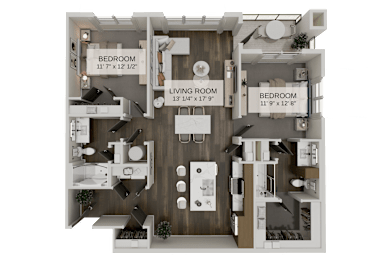 Two bedroom floor plan with spacious living room at The Residences at The Gilmore Apartments, Arizona