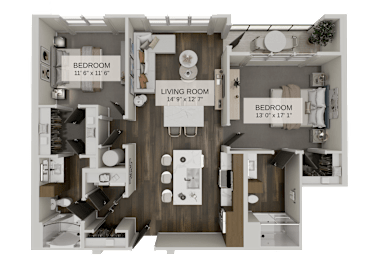 Two bedroom floor plan with dual sinks and closets at The Residences at The Gilmore Apartments, Arizona, 85297
